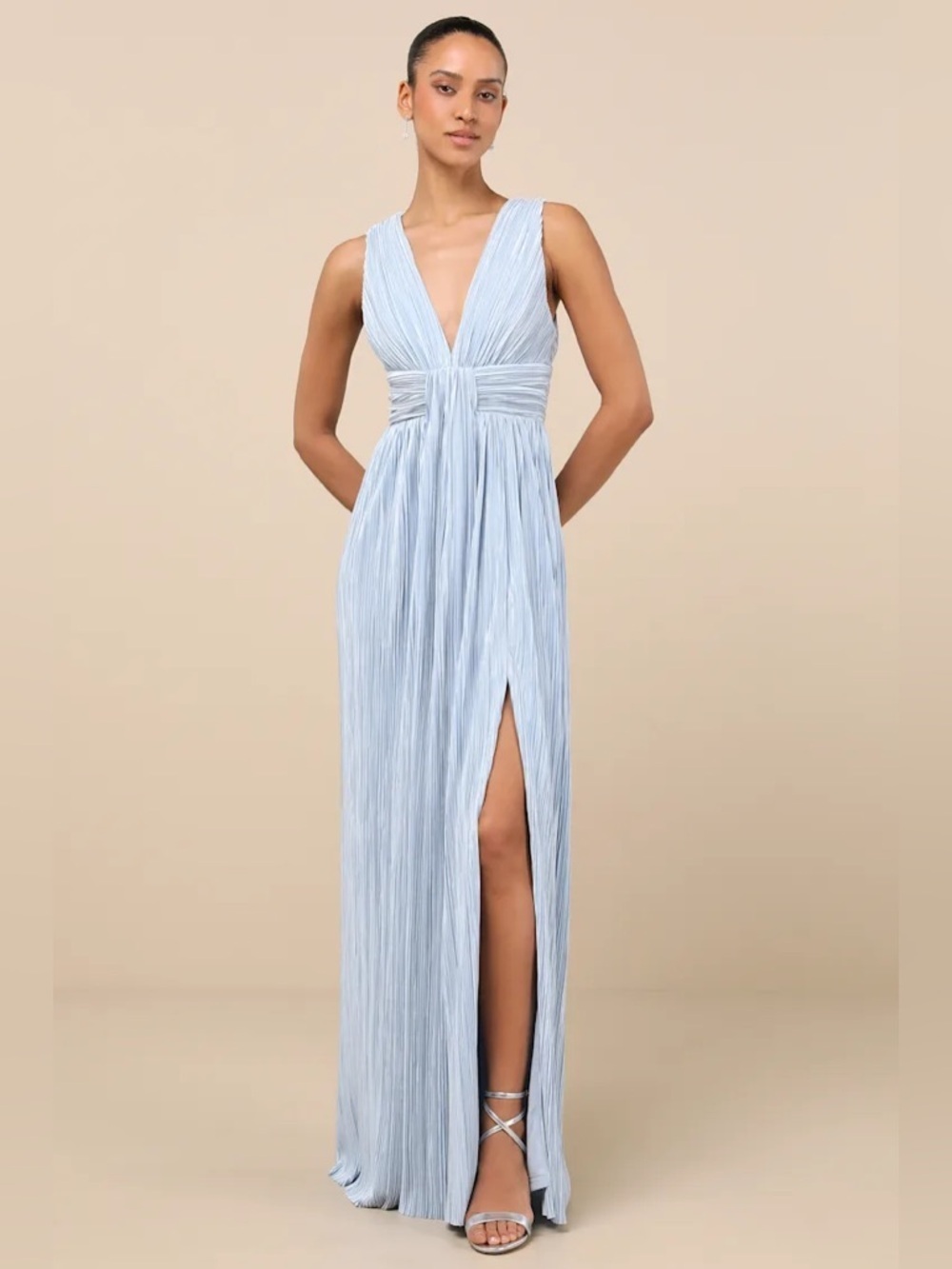 Lulus Melitta Light Blue Plisse Sash Maxi Dress